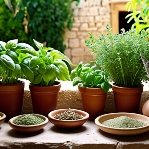 Home 25 **
A vibrant, sunlit photograph showcasing a collection of fresh herbs commonly used in traditional Israeli medicine. Prominently feature basil and sage alongside other unidentified greenery. Focus on texture and color, highlighting the natural beauty and healing power of the herbs. In the background, suggest a traditional Israeli home setting, possibly with earthenware pots.
**