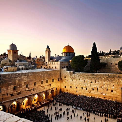 Home 24 **A panoramic view of Jerusalem at sunset, showing the Western Wall (Kotel), the Dome of the Rock, and the Church of the Holy Sepulchre in the background. The style should be realistic with warm lighting.**
