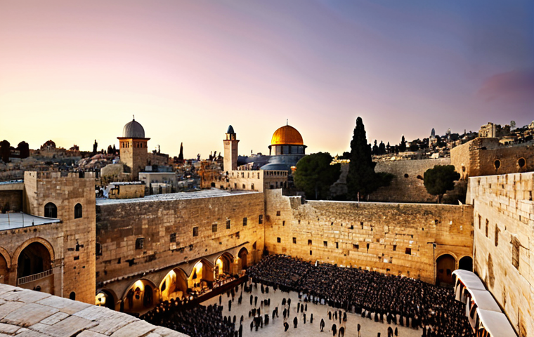 **A panoramic view of Jerusalem at sunset, showing the Western Wall (Kotel), the Dome of the Rock, and the Church of the Holy Sepulchre in the background. The style should be realistic with warm lighting.**