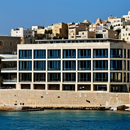 Home 9 A professional photograph capturing a modern architectural complex seamlessly integrated with ancient stone buildings in Jaffa, Israel. The scene showcases contemporary glass and steel elements strikingly juxtaposed against thousand-year-old traditional stone walls, creating a harmonious blend of historical preservation and innovative modern design. The composition highlights sophisticated integration and a sense of timeless depth. Professional photography, high quality, detailed, artistic, safe for work, appropriate content, family-friendly.